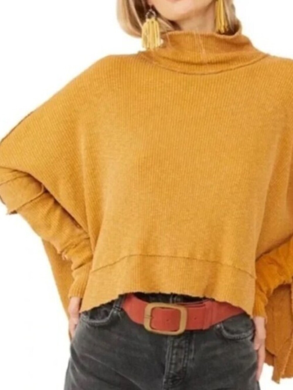 We The Free Moon Mustard Ribbed Daisy Thermal Pullover - Size - Medium